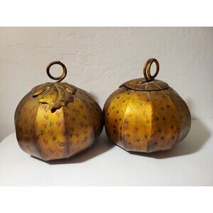 Tin Pumpkins Hand Painted Gold in the background with Spot Painting 2 in the Set